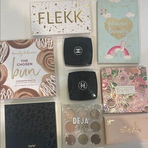 box of barely used neutral eye palettes including 2 Chanel,Tarte and Winky Lux